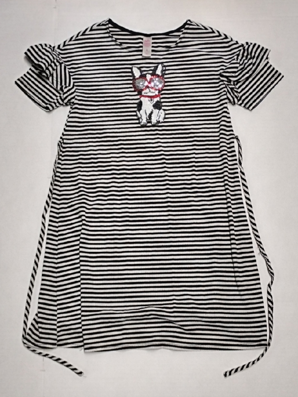 Justice Black & White Striped Tee Dress with Sequin Dog Patch Size 8